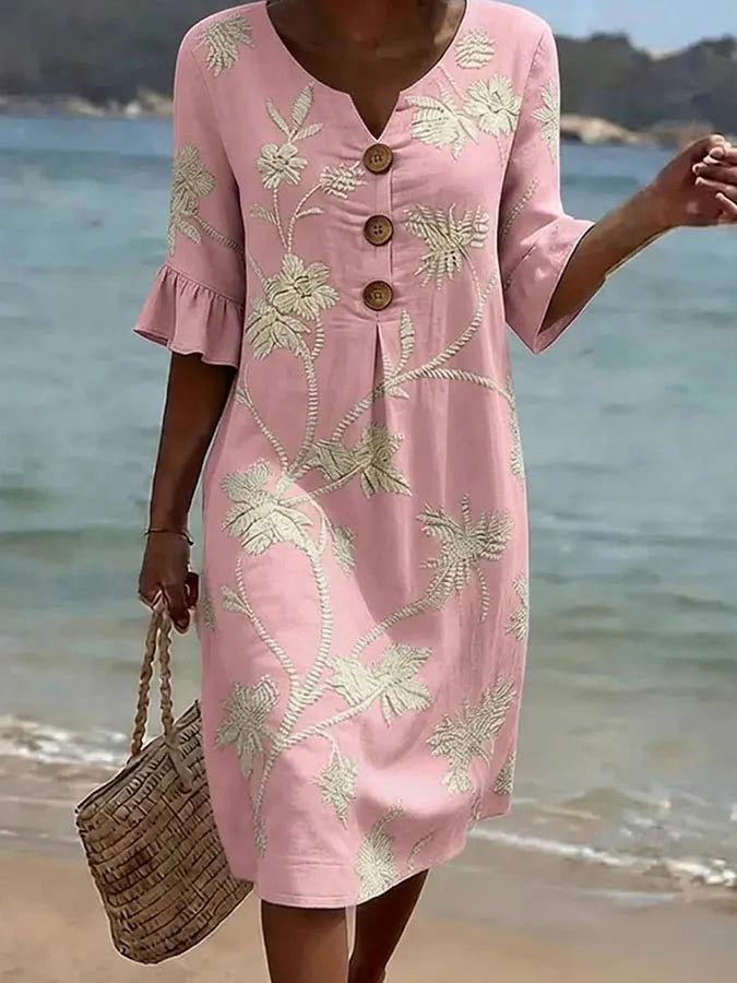 Robe décontractée pour femme Danoir Paris avec imprimé floral rose, style simple et confortable, vue de face.