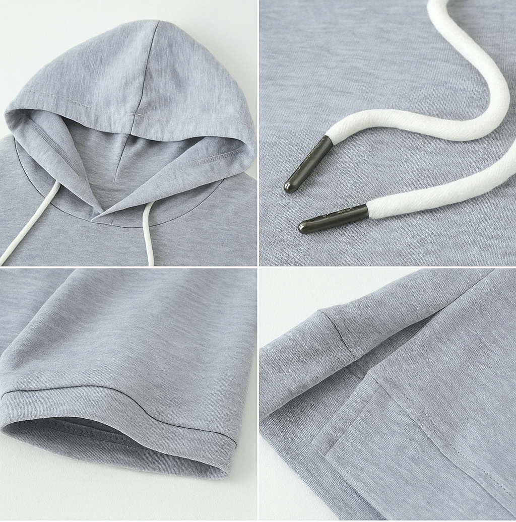 Sweat à capuche courte Alison de Danoir Paris avec manches courtes, couleur neutre, porté sur un fond blanc.
