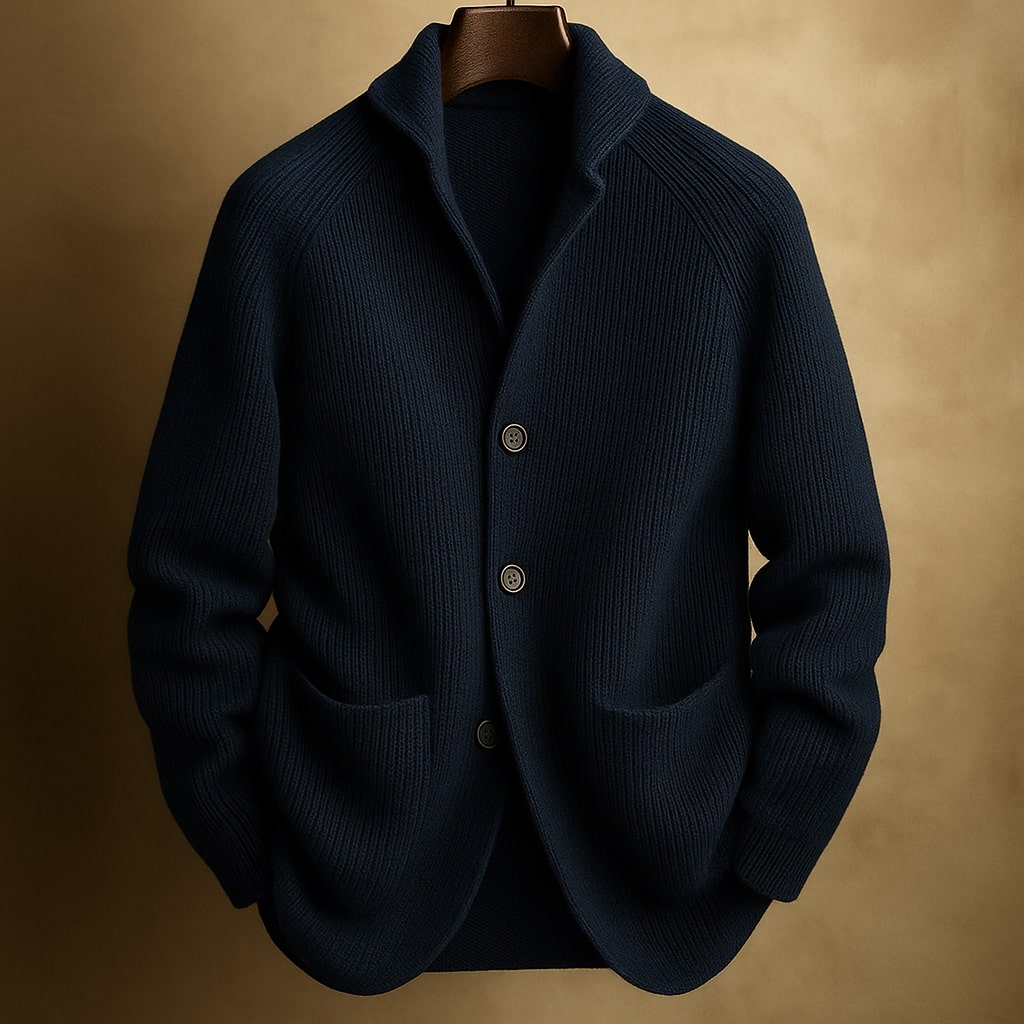 Cardigan pour homme en laine côtelée Danoir Paris, léger, avec des détails en maille et un style moderne.