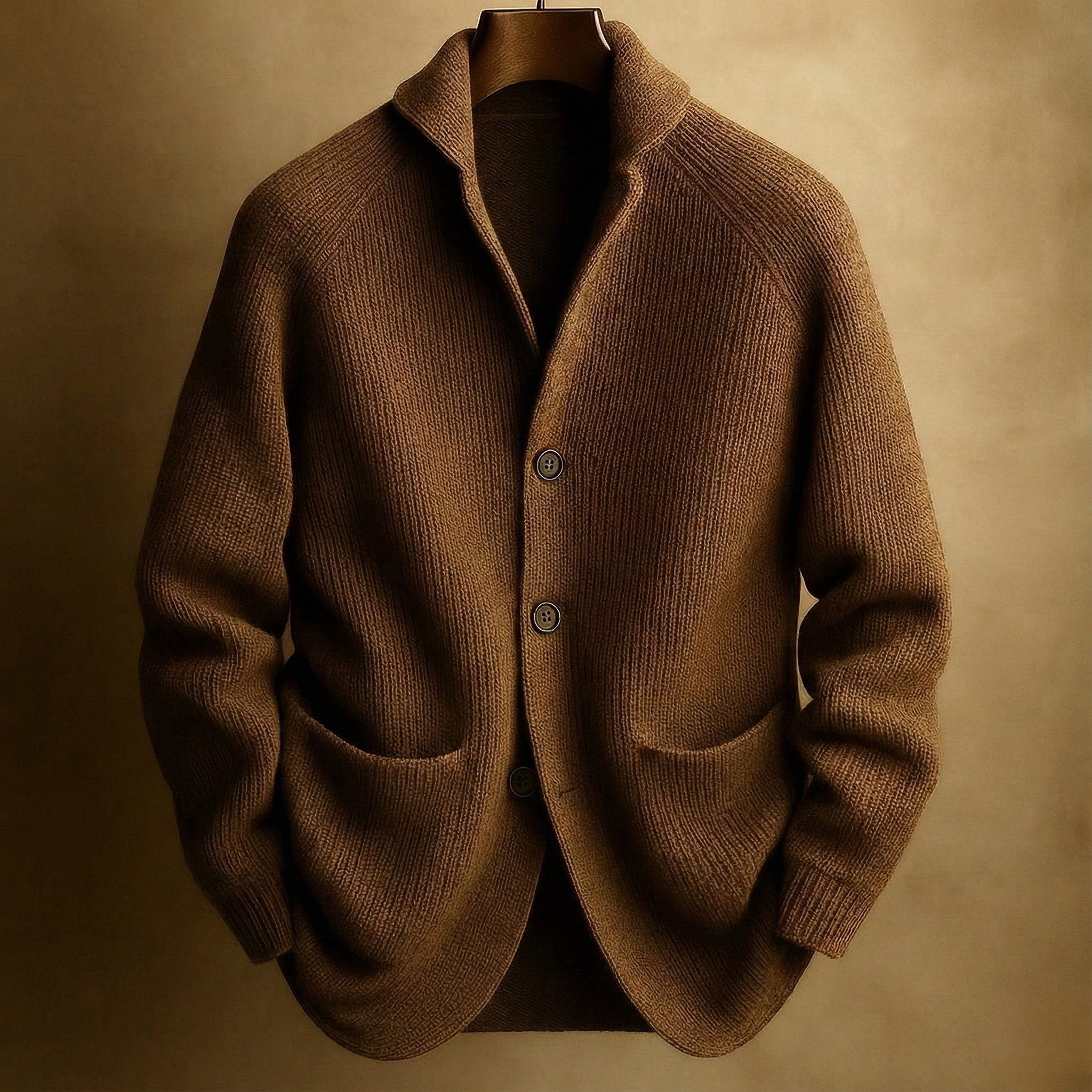 Cardigan pour homme en laine côtelée Danoir Paris™, couleur neutre, détails en maille, porté ouvert ou fermé.