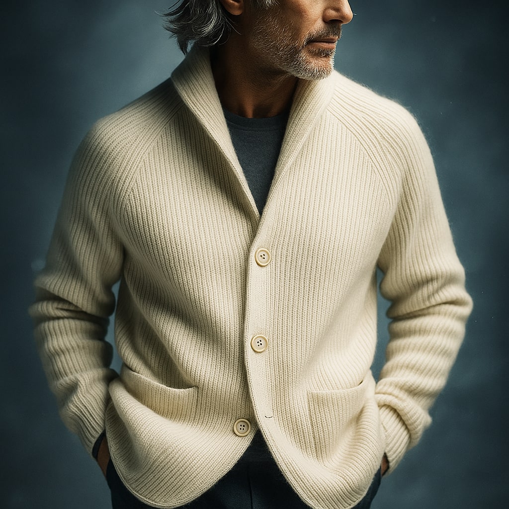 Cardigan pour homme en laine côtelée Danoir Paris, couleur neutre, douceur légère, porté sur un mannequin.