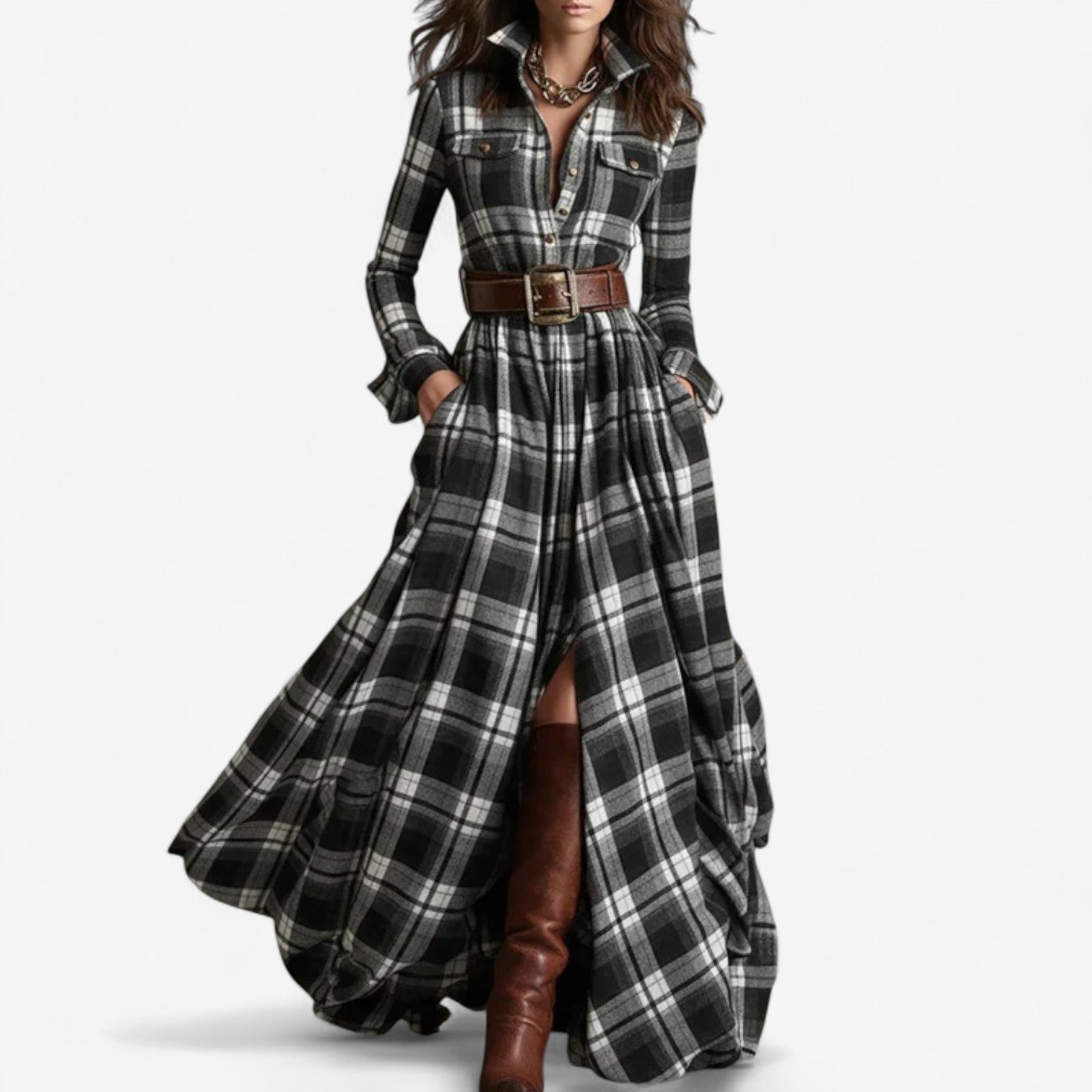 Pyjama Danoir Paris™ Maxi à carreaux intemporel, tissu doux, motif à carreaux gris et blanc, vue de face sur lit.