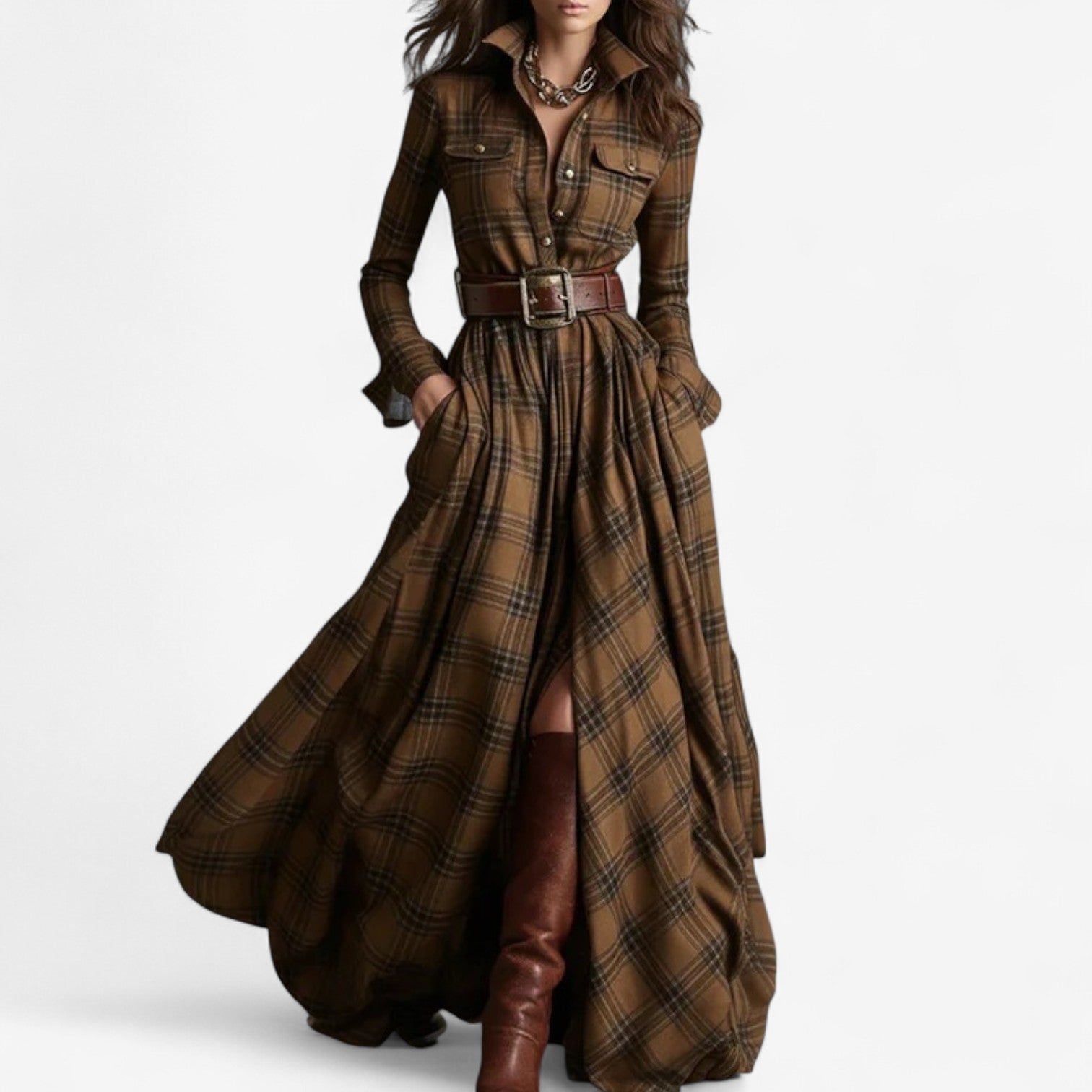 Maxi robe à carreaux intemporel Danoir Paris, vêtement élégant avec motif à carreaux en tissu léger, vue de face.