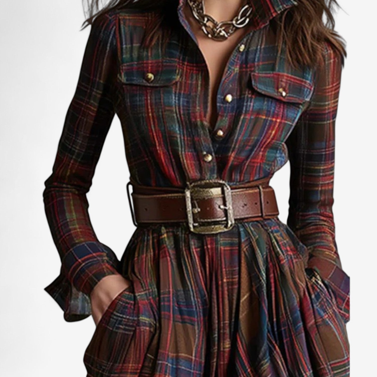 Robe maxi à carreaux intemporel Danoir Paris, style rétro ethnique avec col en revers marron rouge, tissu à motifs à carreaux.
