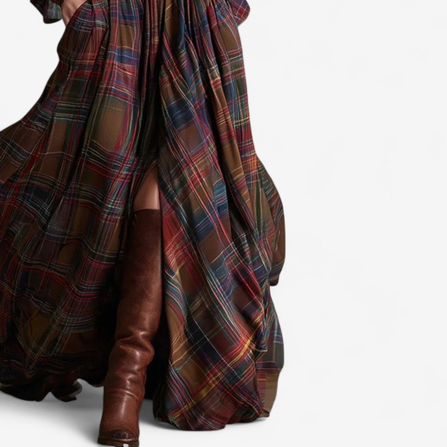 Robe maxi à carreaux intemporelle Danoir Paris avec col rétro ethnique en marron rouge, style élégant et décontracté.