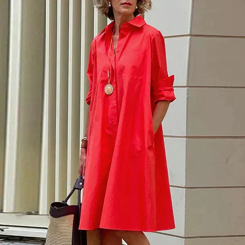 Robe sophistiquée Danoir Paris Elena, robe midi élégante à manches longues, col rabattu, poches, style décontracté et féminin.