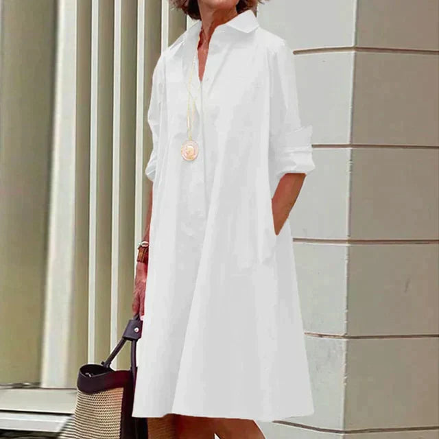 Robe sophistiquée Danoir Paris Elena, robe midi féminine à manches longues, col revers et poches, style élégant et casual.
