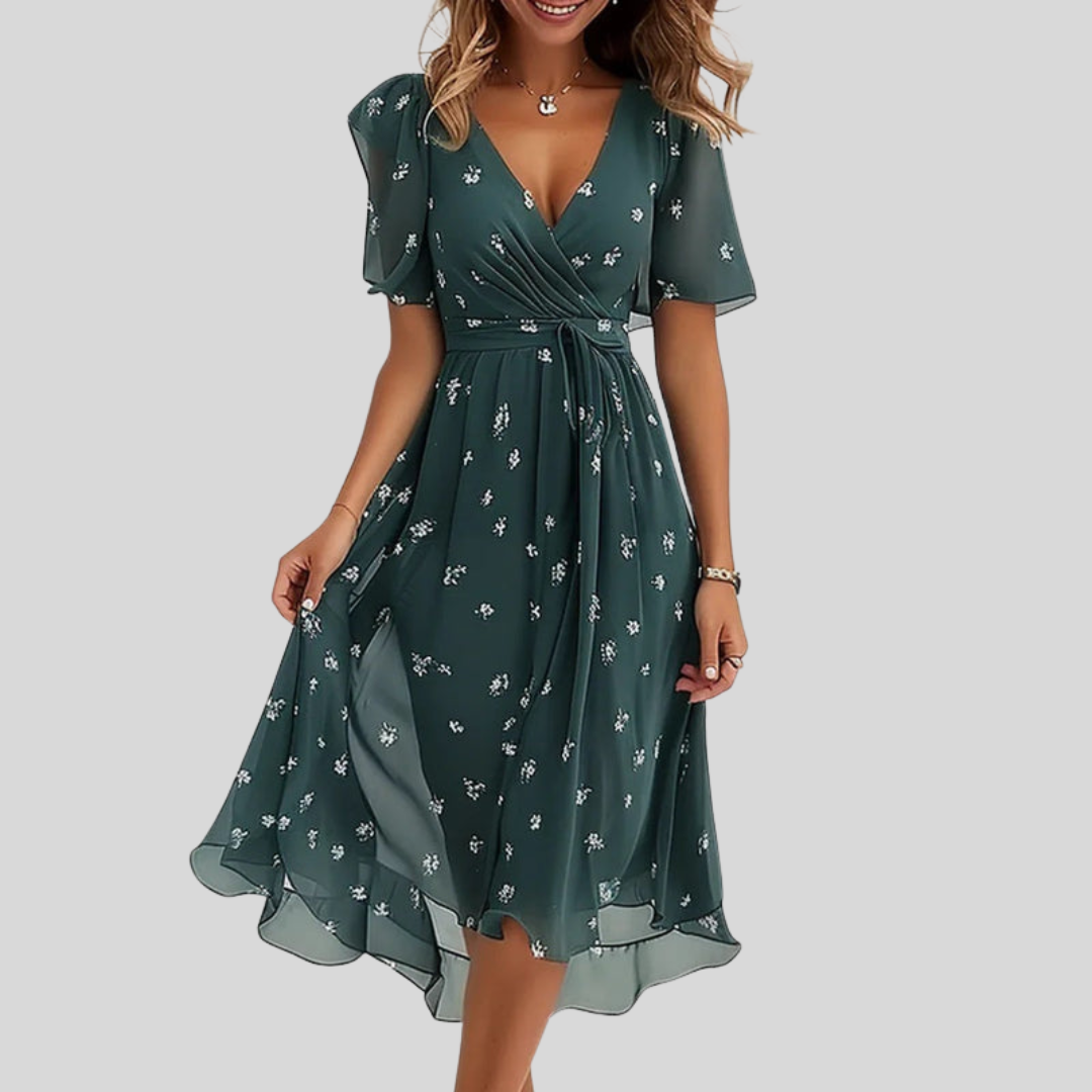 Robe d’été élégante Naomie de Danoir Paris, tissu léger, coupe fluide, idéale pour la saison chaude, en image.