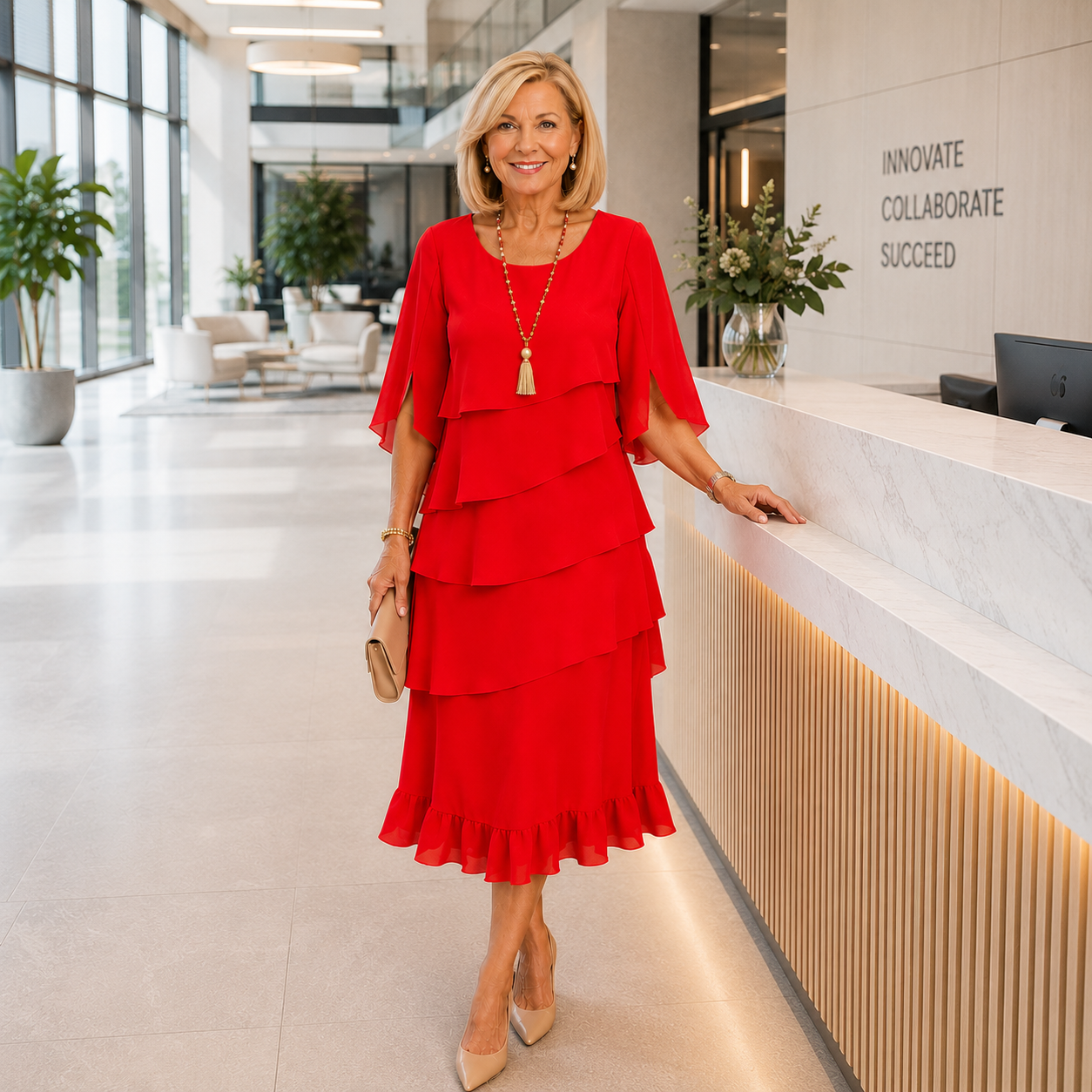 Robe midi à couches avec épaules nues, Brent de Danoir Paris, en tissu fluide et élégant, portée avec accessoires.