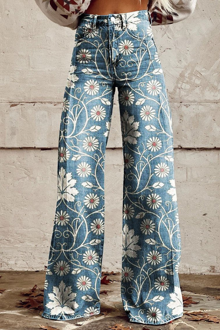 Pantalons boho chic Margherita de Danoir Paris, coupe fluide et style décontracté, en tissu léger beige avec motifs floraux.