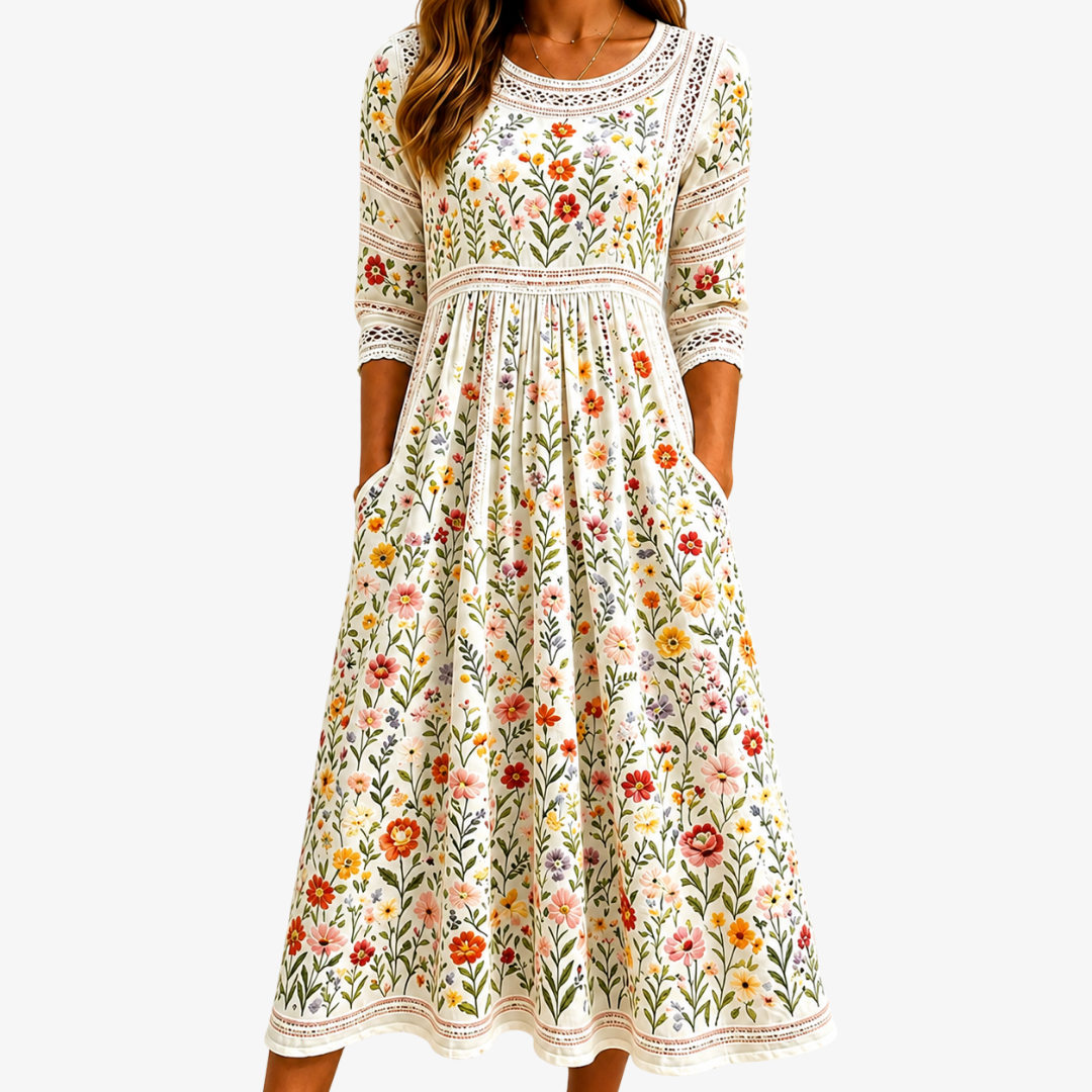 Robe midi Danoir Paris Wildflower Meadow Charm avec motif floral, col en V et élégante coupe fluide.