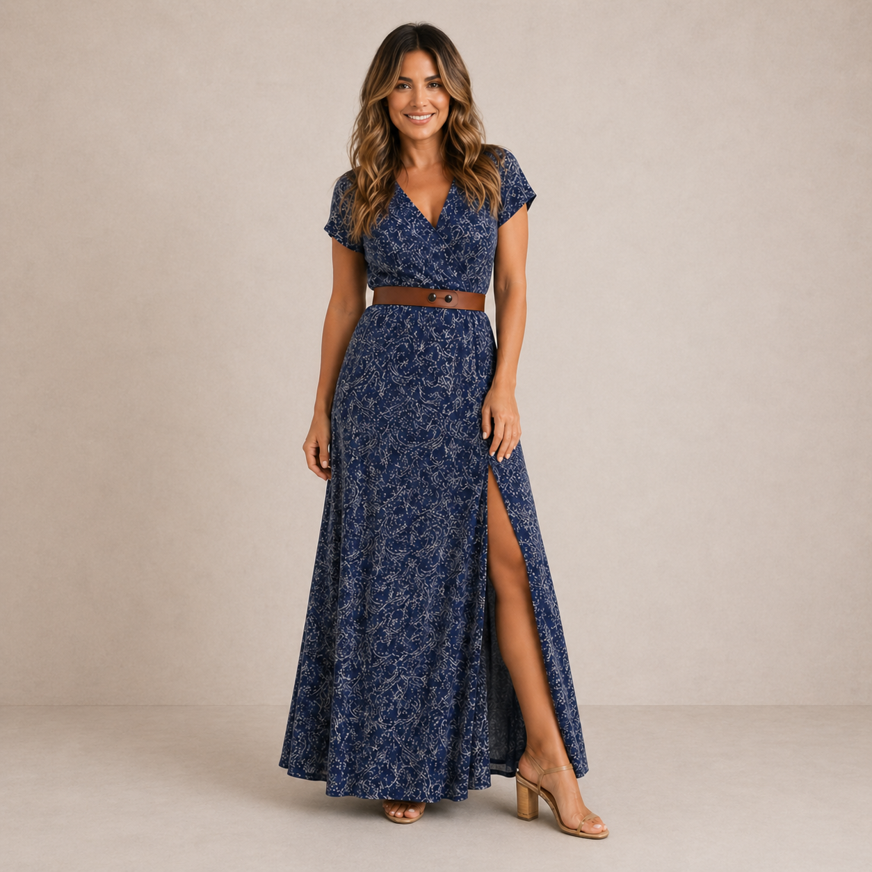 Robe longue maxi SARISA de Danoir Paris, en tissu fluide avec décolleté en V et motif floral élégant, portée par une mannequin.