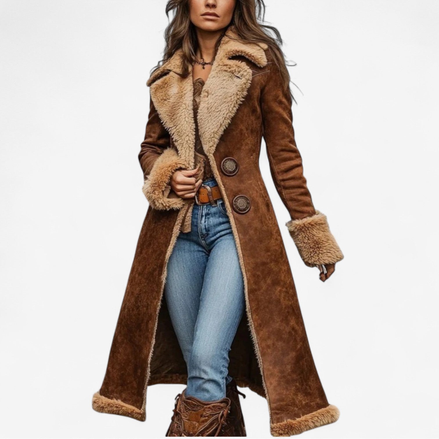 Manteau en fourrure douce Danoir Paris, haut de gamme, avec col en fourrure et coupe élégante, visible sur fond neutre.
