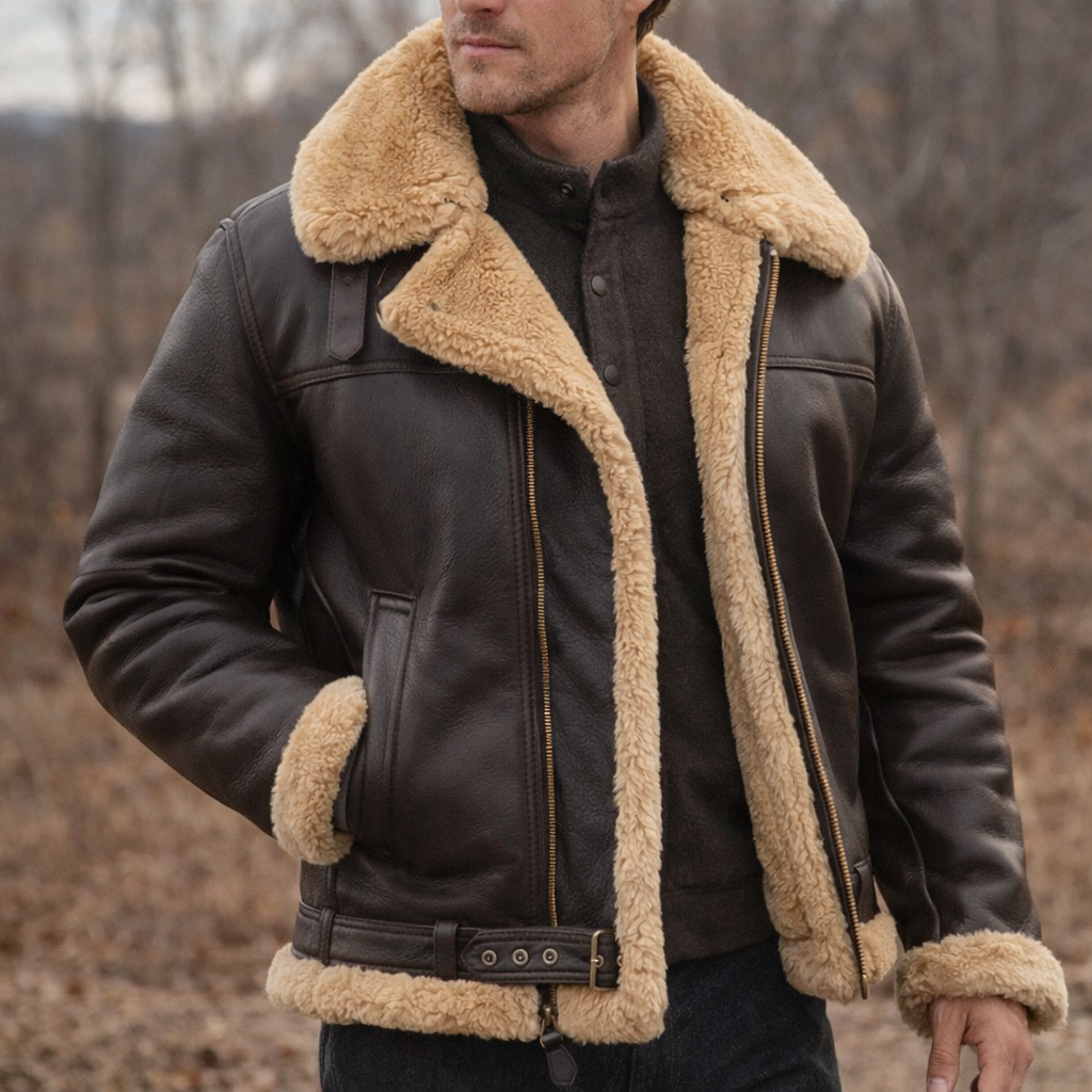 Veste aviateur en cuir d’agneau premium Danoir Paris avec doublure teddy, style élégant et chaud, vue de face sur mannequin.