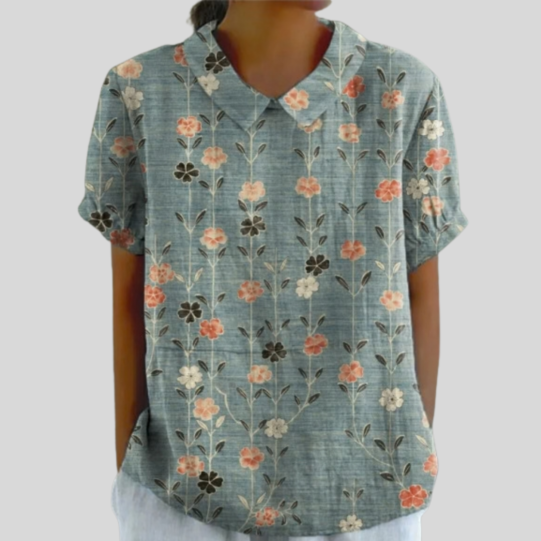 Blouse Élora à fleurs alignées de Danoir Paris, tissu léger, manches longues, style élégant et féminin.