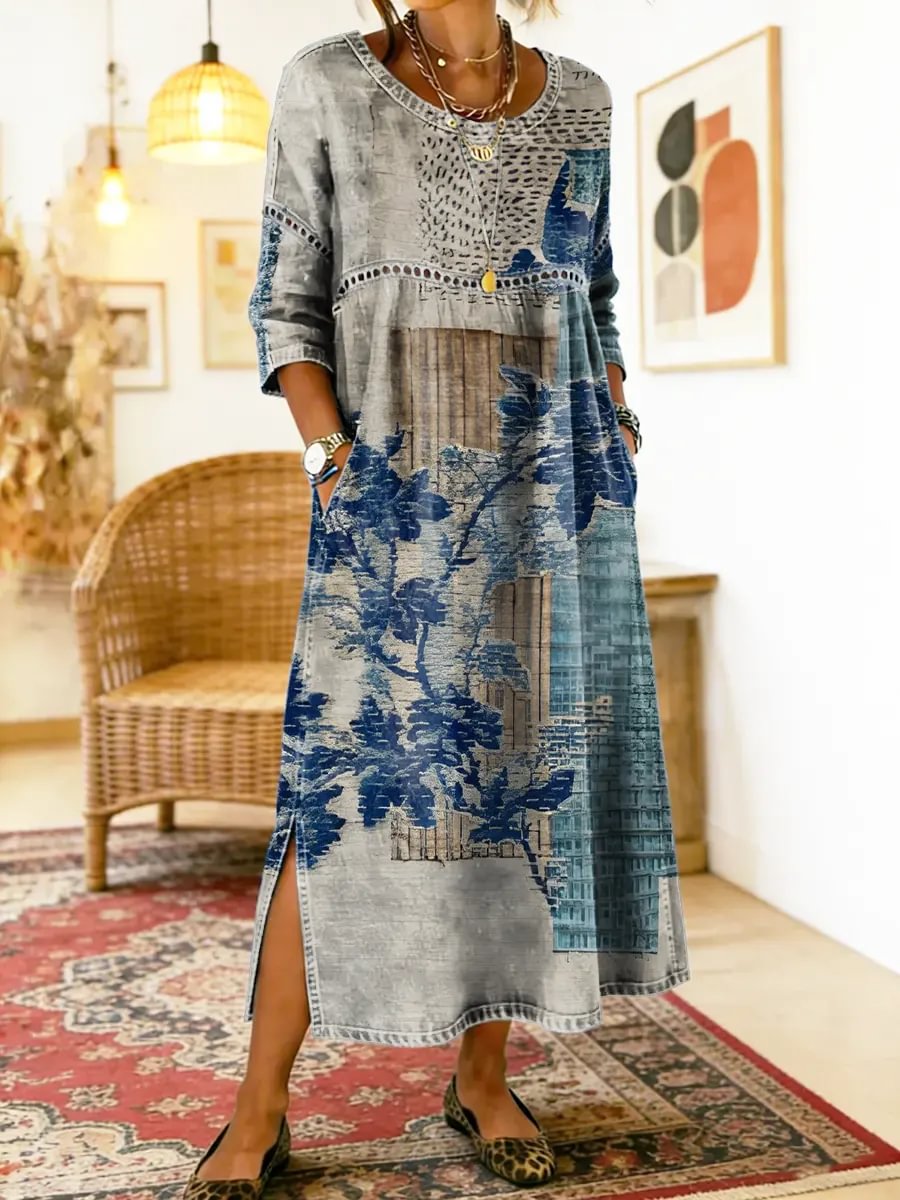 Robe fluide à imprimé floral Josefa de Danoir Paris, tissu léger et coloré, portée avec manches courtes et décolleté en V.