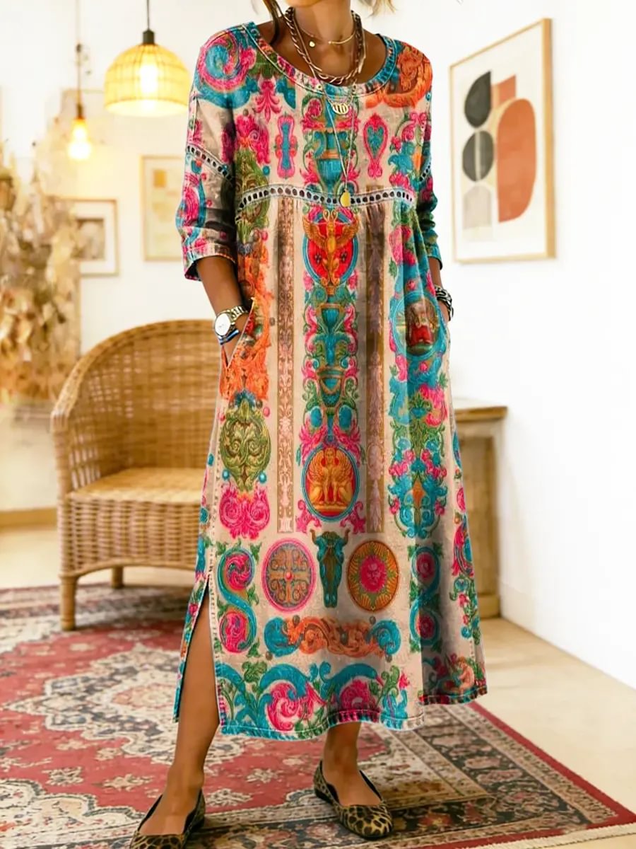 Robe imprimée Dolores de Danoir Paris, vêtement féminin avec motif coloré, porté avec manches longues et coupe fluide.