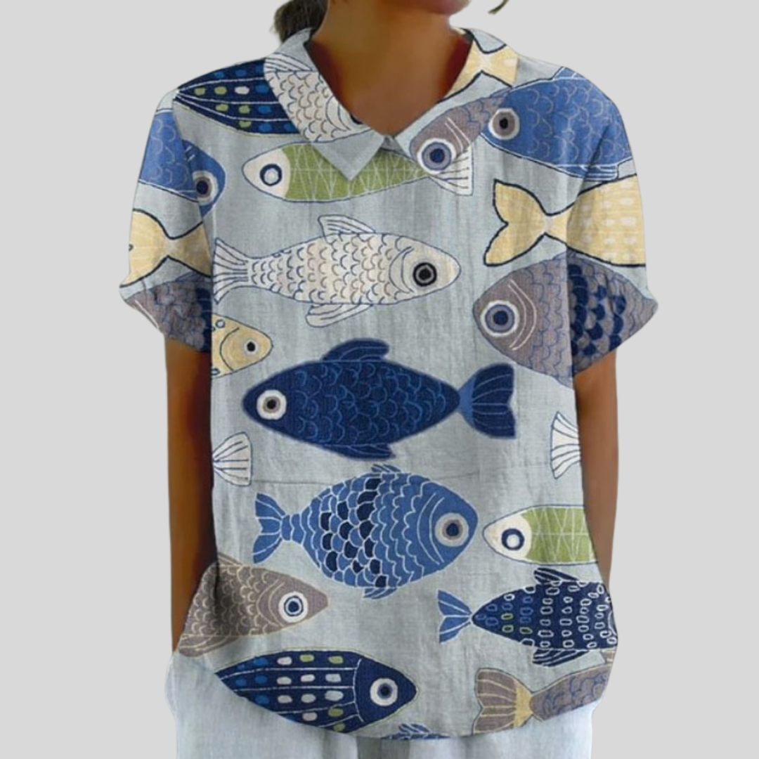 Blouse motif marin Marianne de Danoir Paris, tissu léger avec imprimé nautique, manches longues et col en V.