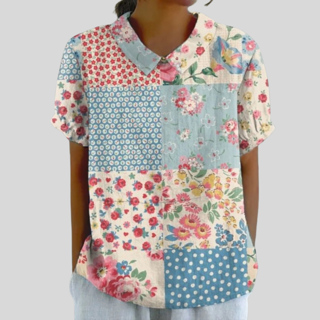 Blouse patchwork vintage Noémie de Danoir Paris, détail coloré en tissu mélangé, style décontracté et élégant.
