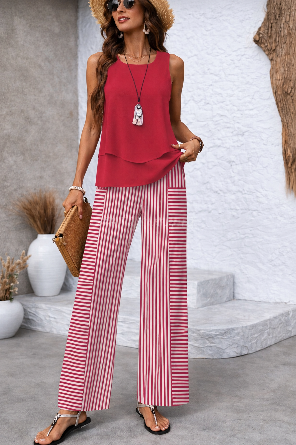 Ensemble Riviera à rayures Rosavienne de Danoir Paris, haut et pantalon en tissu léger avec motifs à rayures bleues et blanches.