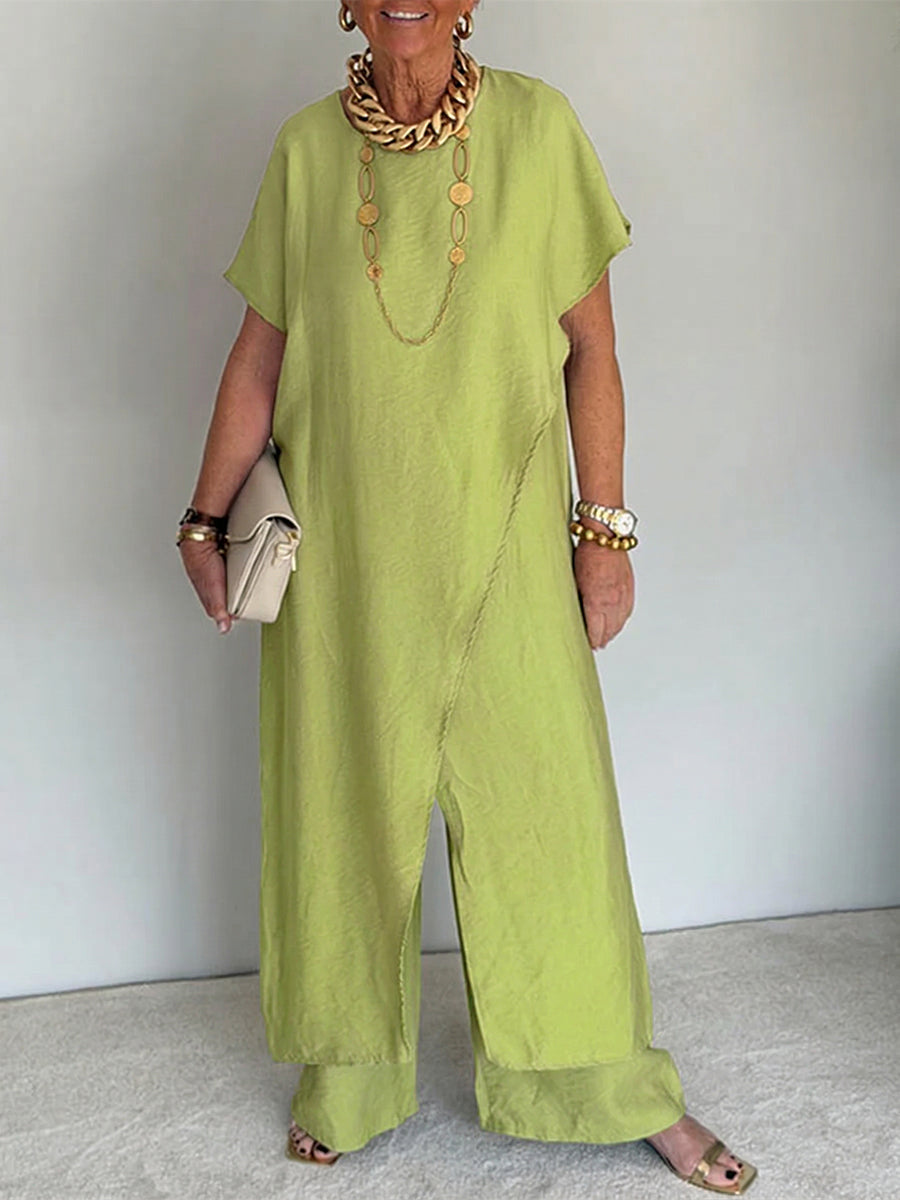 Ensemble ample asymétrique Danoir Paris Solène en tissu confortable couleur sable, style élégant et moderne.