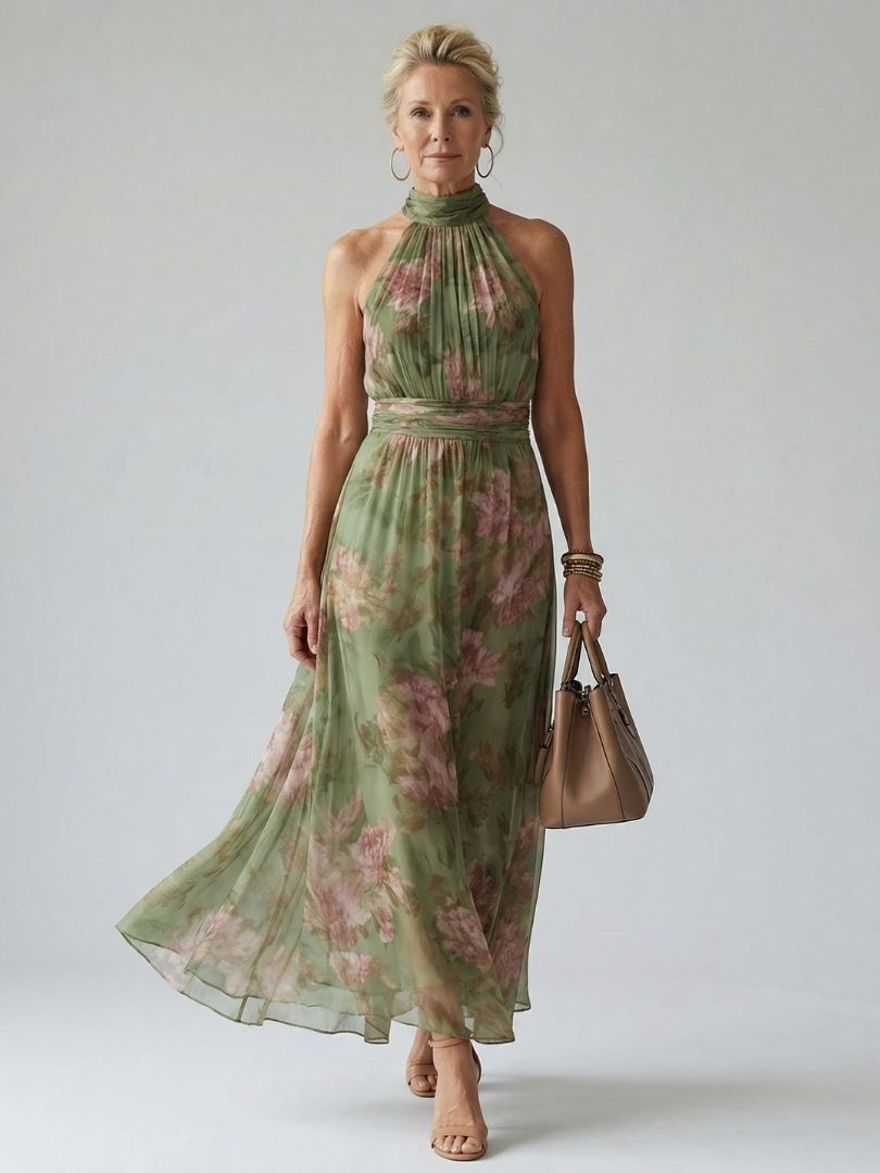 Robe midi cache-cœurs Mirelle de Danoir Paris, robe à col halter avec drapé élégant, tissu fluide et tendance.