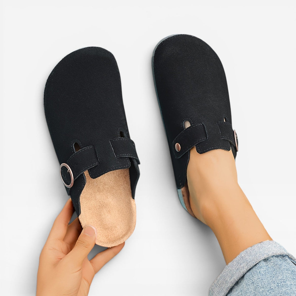 Sabots en liège pour hommes Danoir Paris, mules kaki à enfiler avec boucle ronde et bout fermé, taille UK 6 / US 7.