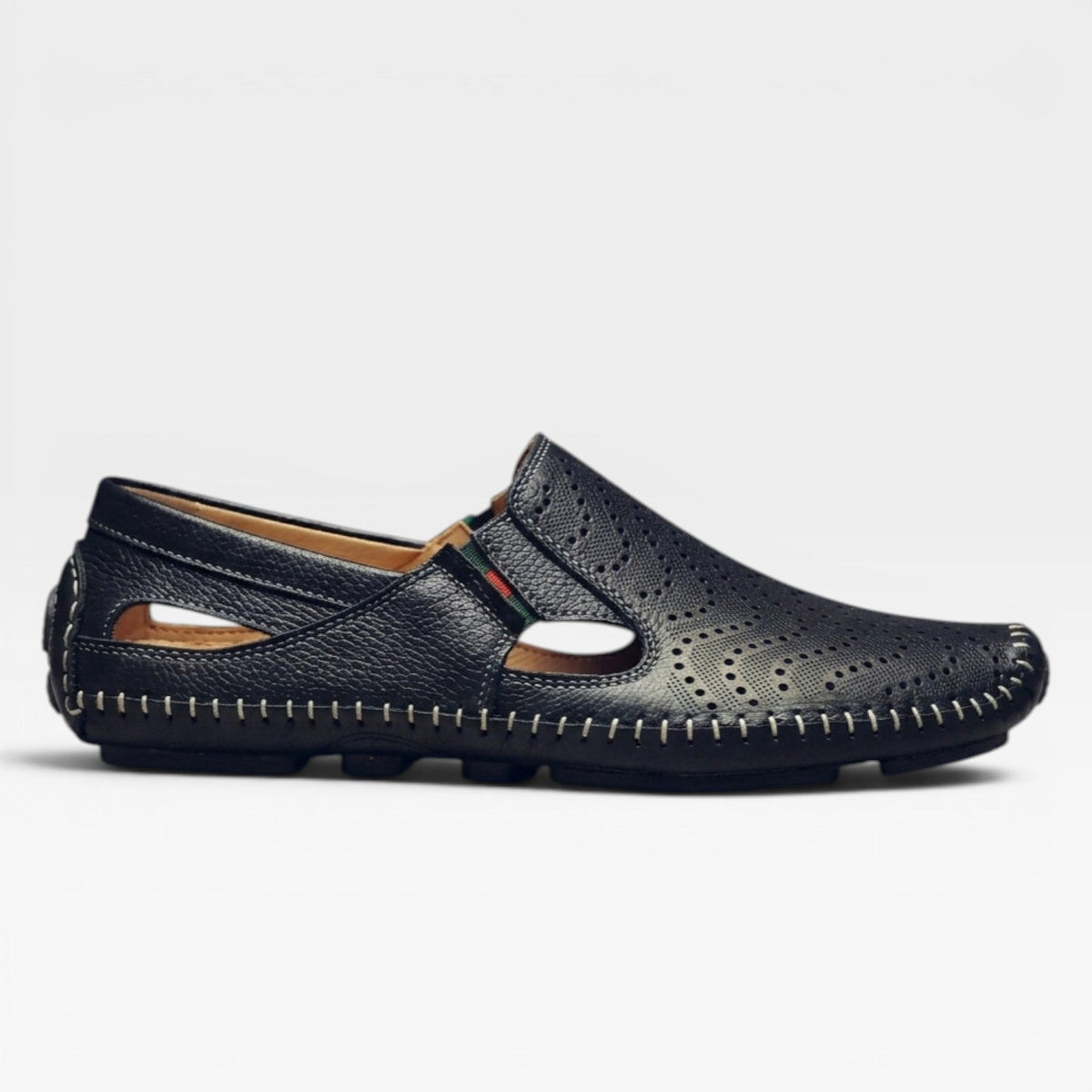 Mules en cuir style italien pour hommes Danoir Paris, sandales d'été décontractées perforées, enfilage facile, coloris marine.