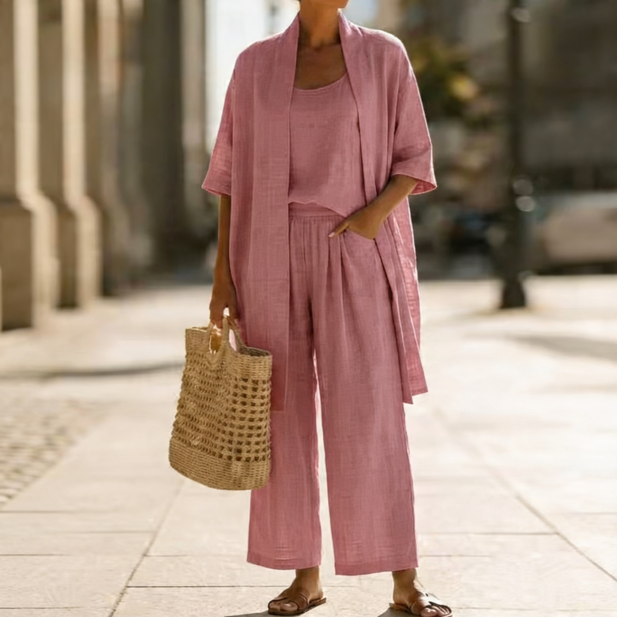 Ensemble trois pièces Danoir Paris Abigail élégant en bleu, comprenant un haut, un bas et une veste, porté par une mannequin.