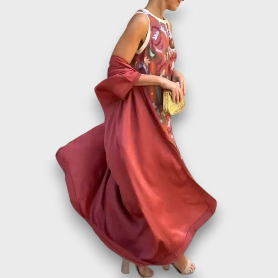 Ensemble robe maxi et cardigan Selviane de Danoir Paris, vêtement élégant en tissu fluide et confortable.