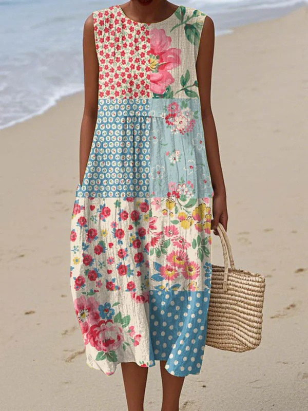 Robe midi sans manches Anna patchwork, marque Danoir Paris, en tissu coloré et élégant.