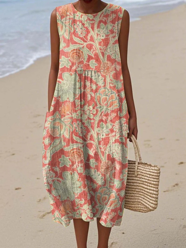 Robe midi sans manches à fleurs Danoir Paris, style élégant avec imprimé floral et coupe fluide.