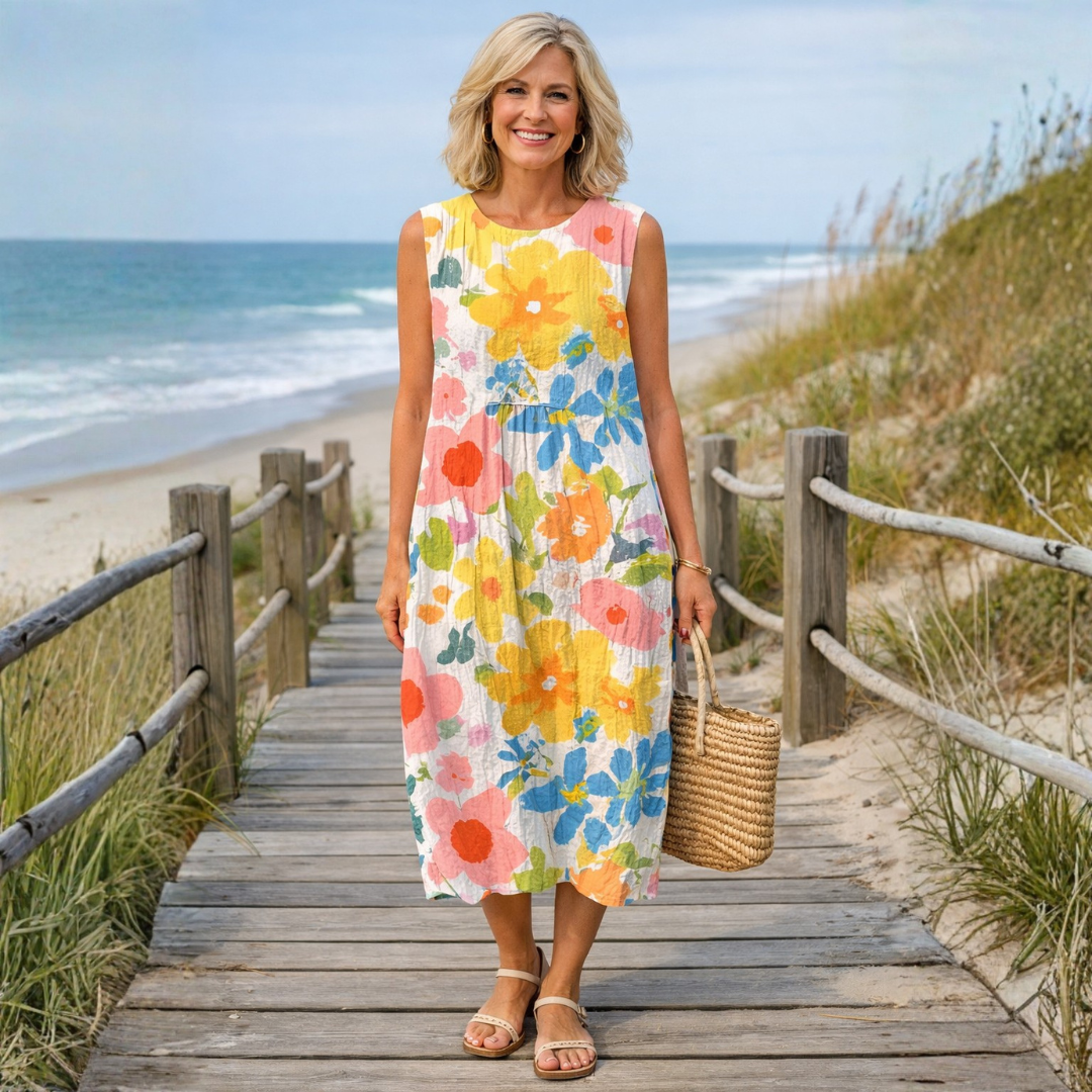 Robe midi sans manches Ella de Danoir Paris avec motif floral pastel, élégante et légère pour l'été.