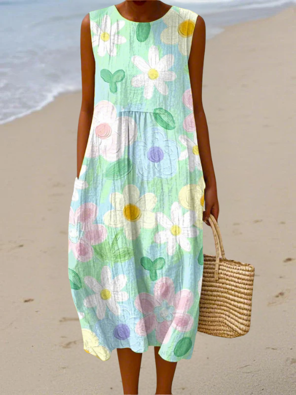 Robe midi sans manches Danoir Paris Erin Pastel Blossom, motif floral doux, tissu léger et élégant pour l'été.