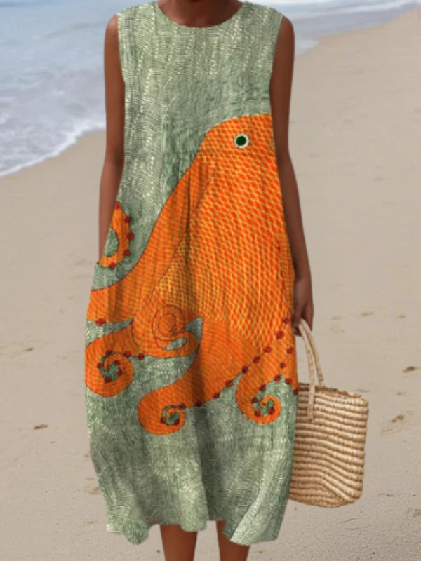 Robe midi sans manches Tess Danoir Paris couleur océanique, longue et fluide, portée sur un mannequin avec un fond neutre.