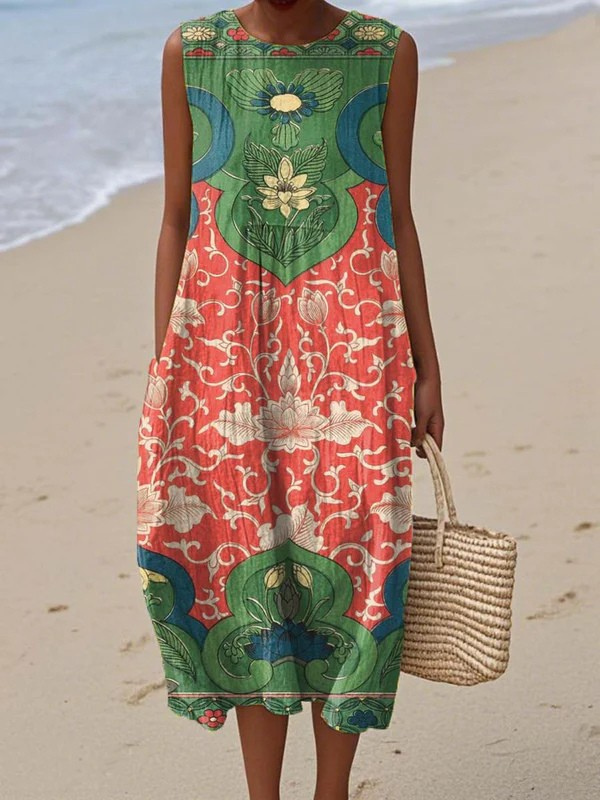Robe midi bohème sans manches de la marque Danoir Paris, style élégant et fluide, idéale pour un look chic et décontracté.