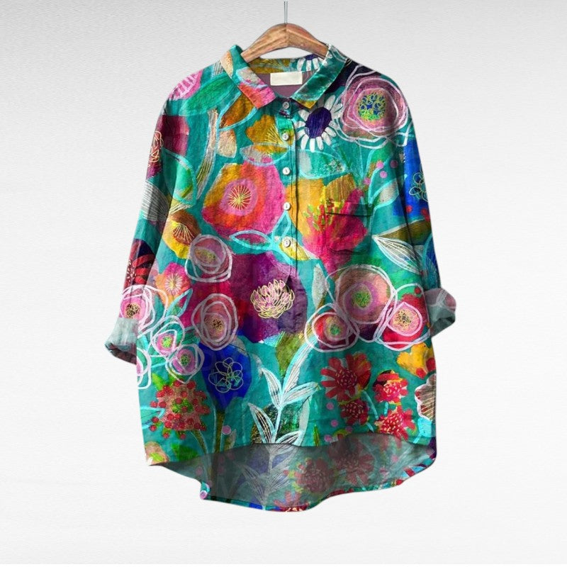 Blouse d'été élégante Thérèse en lin, Danoir Paris, avec imprimé floral, manches courtes et coupe fluide pour femme.