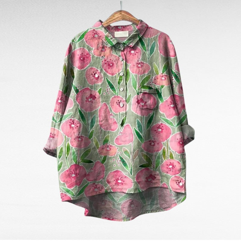 Blouse d'été en lin Thérèse de Danoir Paris, élégante, légère, avec motif floral, manches courtes, design chic et confortable.
