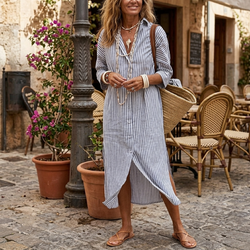 Robe d'été rayée Danoir Paris Willow, élégante robe estivale à rayures, portée dans une image en sand, US 2-4 XS.