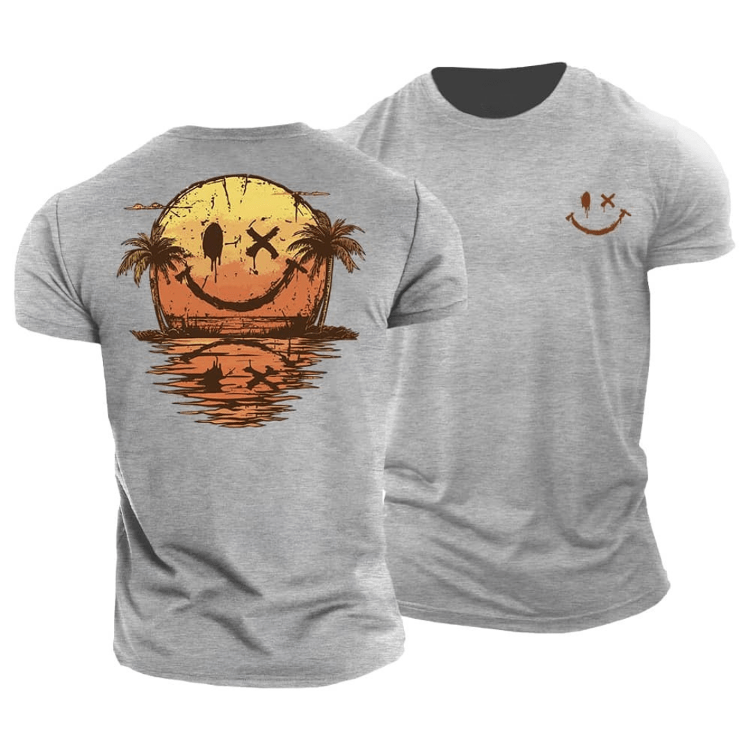 T-shirt beige Danoir Paris avec motif smiley estival, coupe décontractée, en coton léger, pour un style estival et confortable.