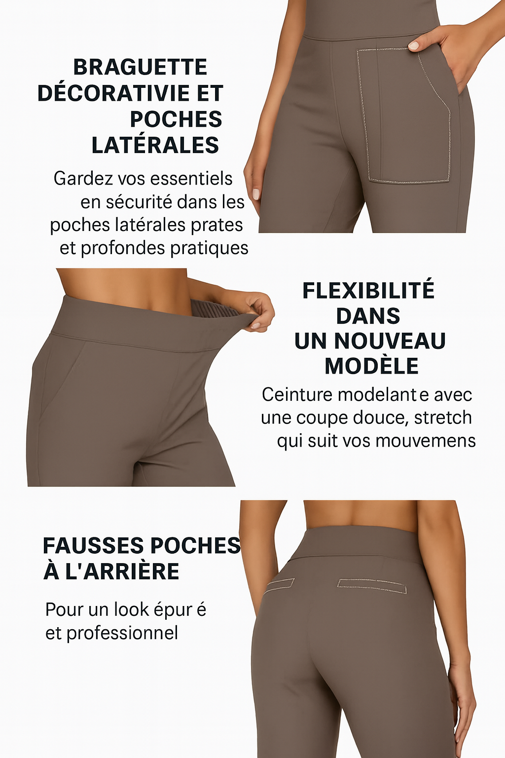 Pantalon stretch confortable pour femme de la marque Danoir Paris, tissu doux et ajusté, porté avec une blouse blanche.