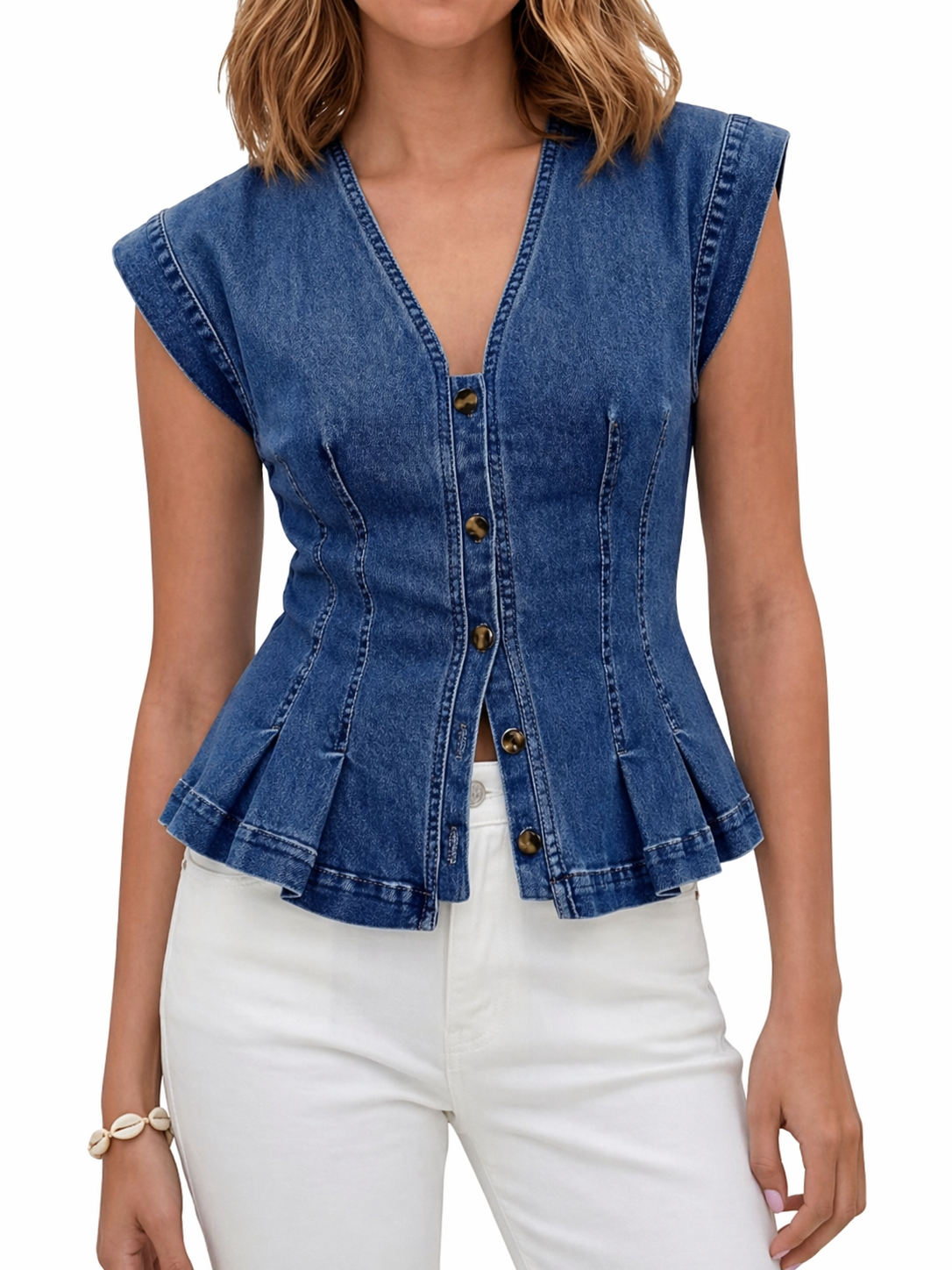 Haut en denim bleu foncé Viera V-Neck de Danoir Paris, top à col en V et manches courtes, vue de face.