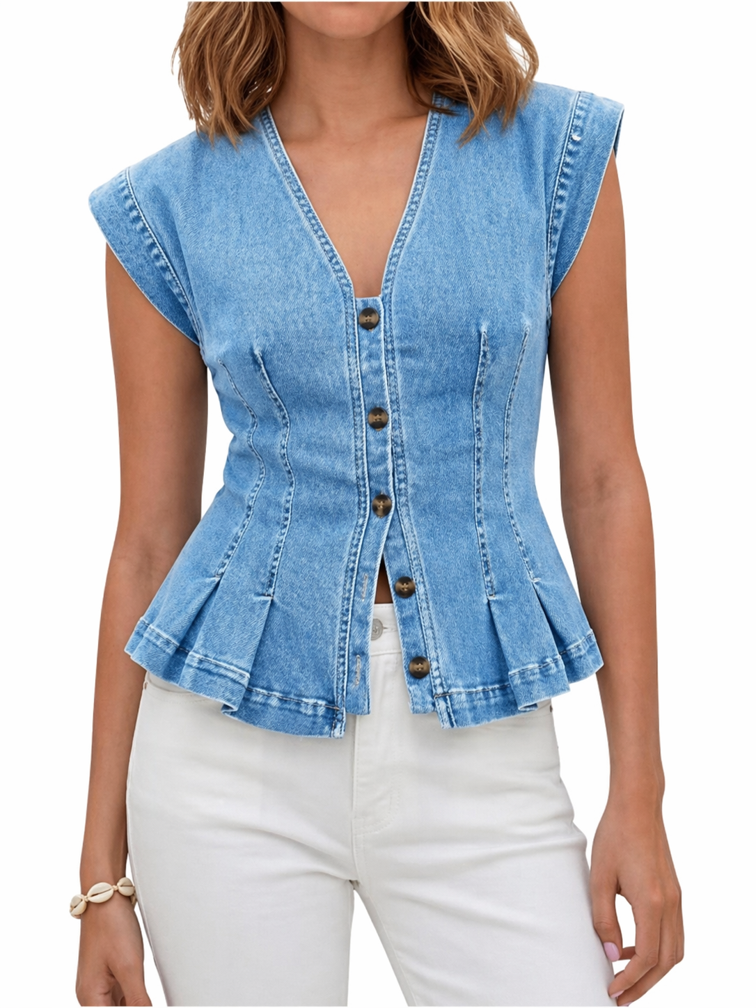 Haut en denim bleu foncé Viera avec col en V de Danoir Paris, style décontracté pour femmes.