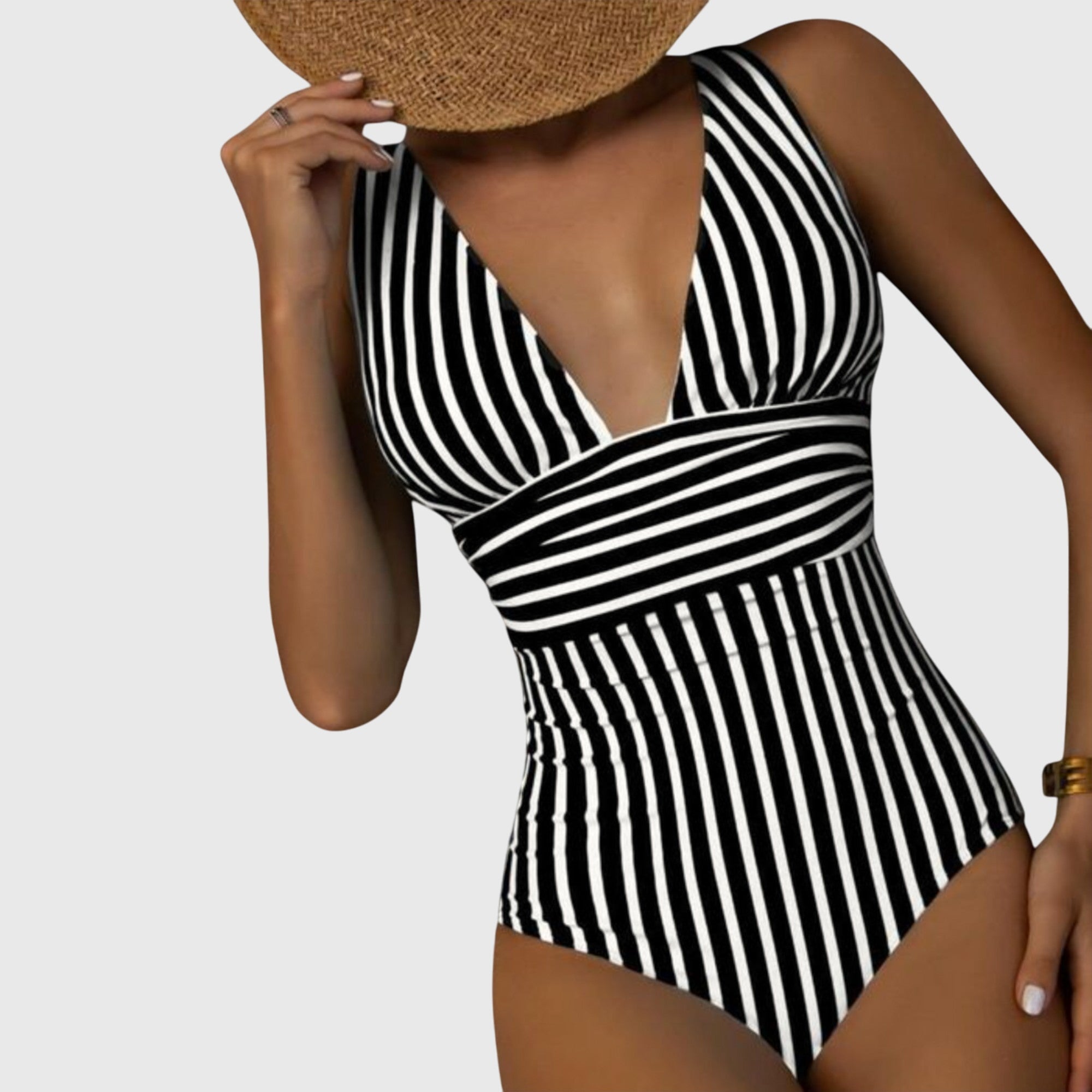 Maillot de bain Aurora de Danoir Paris avec motif coloré, porté sur mannequin, pour femme, vue de face.