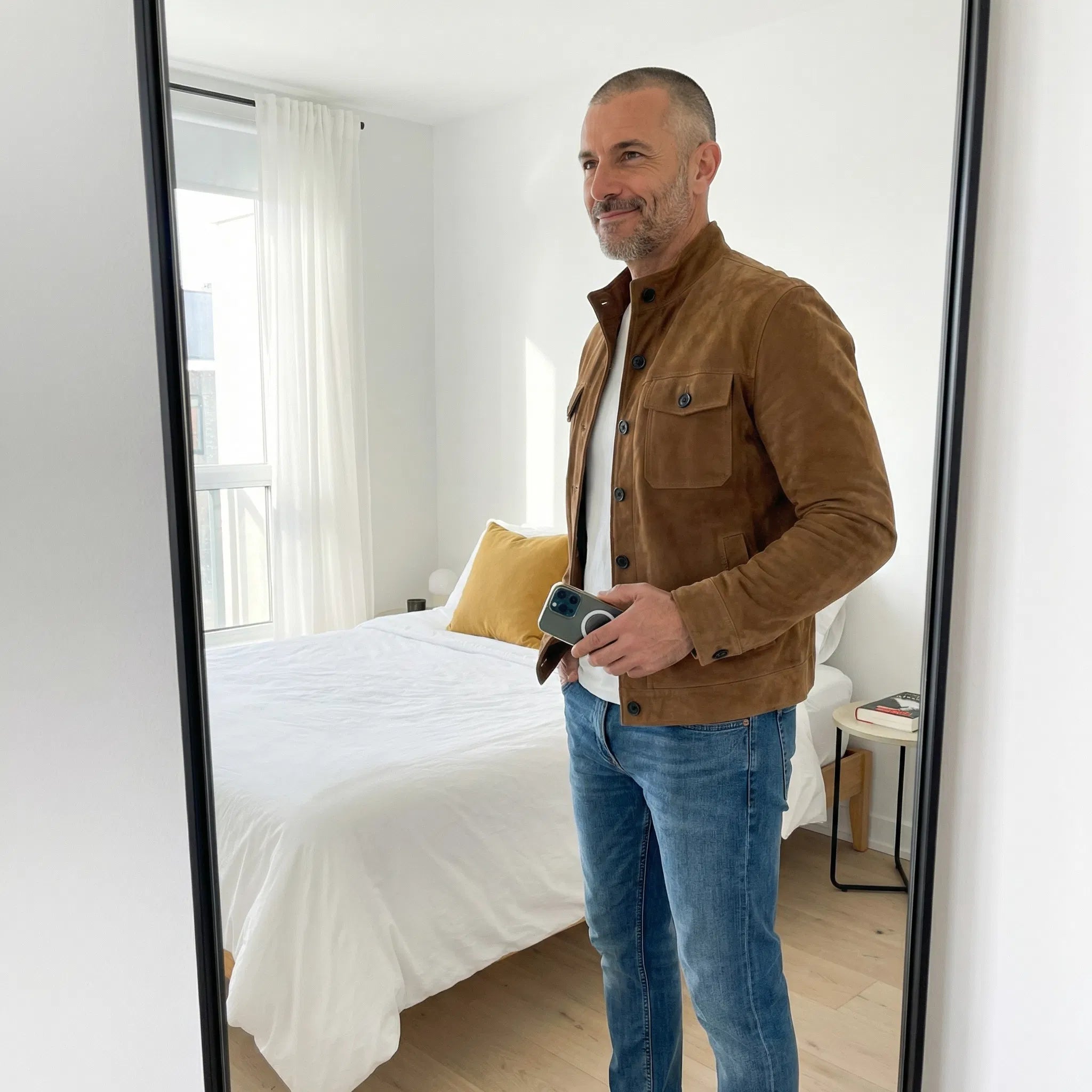 Veste en daim premium Oltrarno™ par Danoir Paris, élégante et raffinée, avec détails en cuir et coupe moderne.