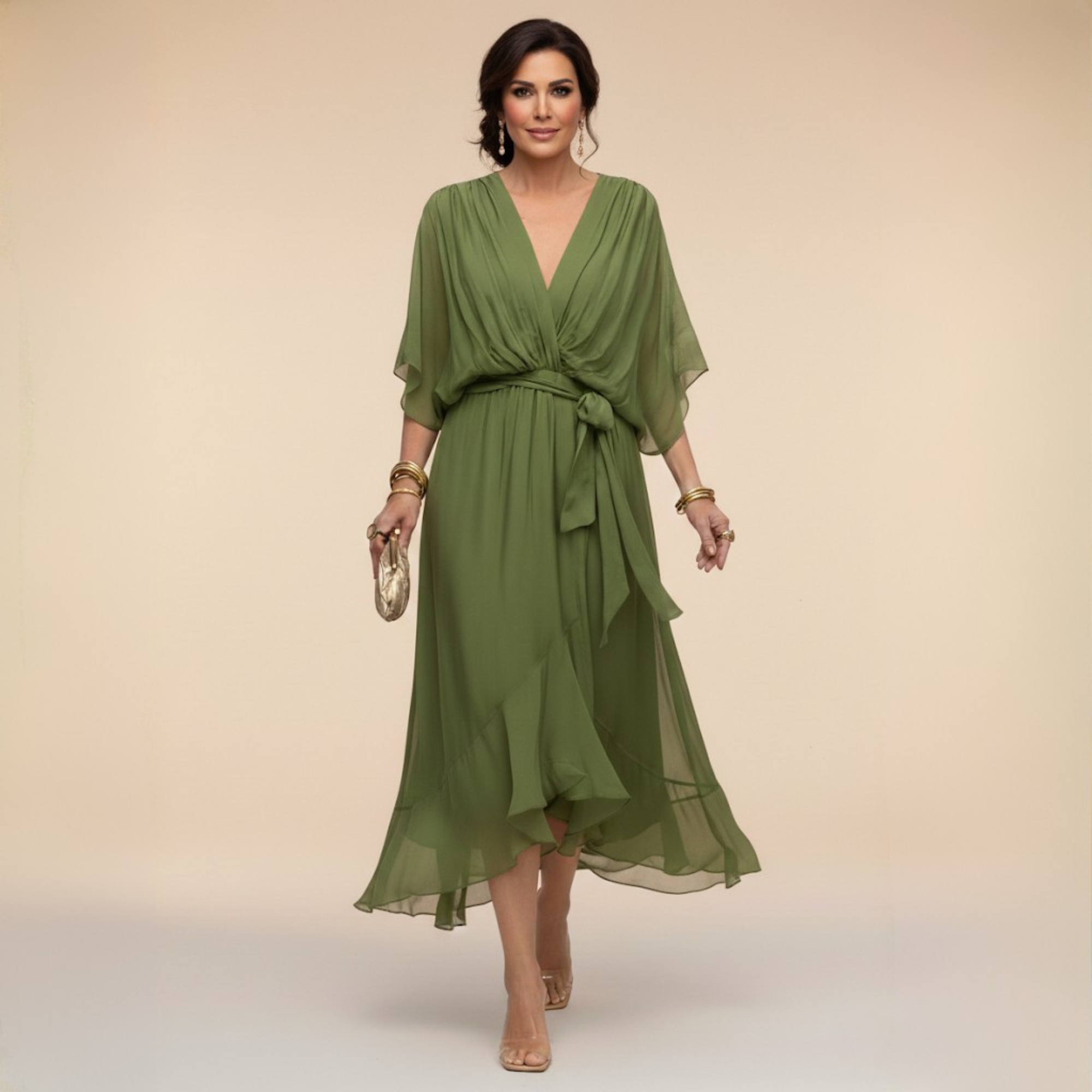 Robe en chiffon MARTA Danoir Paris avec décolleté en V, coupe fluide et élégante, visible sur cette image.