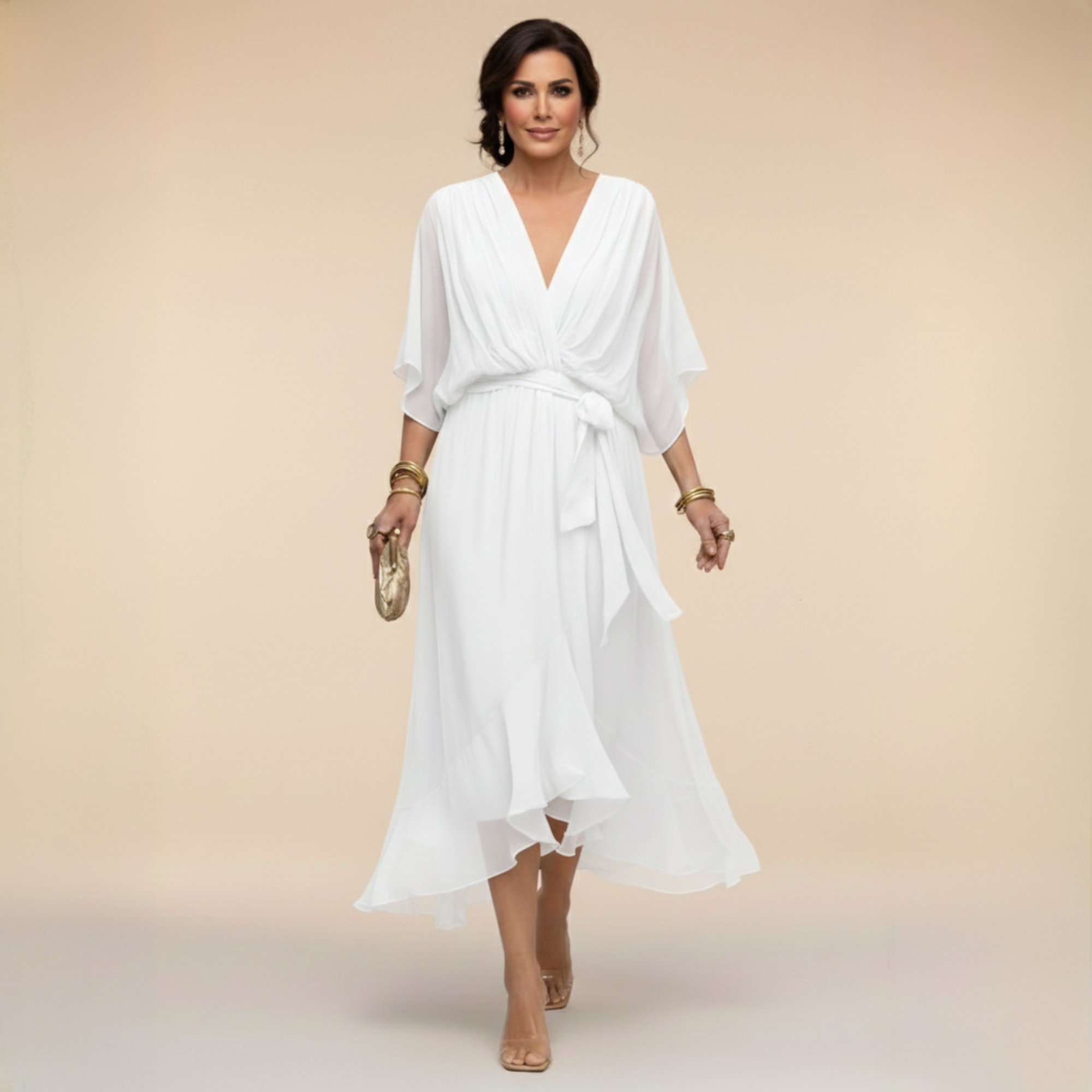 Robe en chiffon Marta Danoir Paris avec décolleté en V, tissu léger et fluide, en couleur élégante.