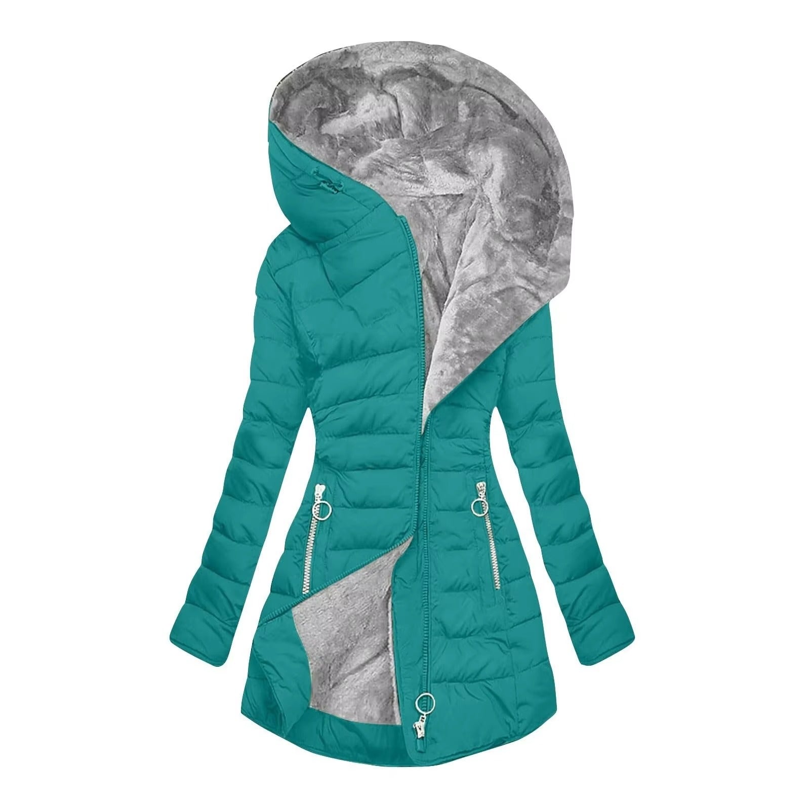 Manteau d’hiver chaud et luxueux Danoir Paris™ en tissu épais, gris foncé, avec col en fourrure synthétique et fermeture à boutons.