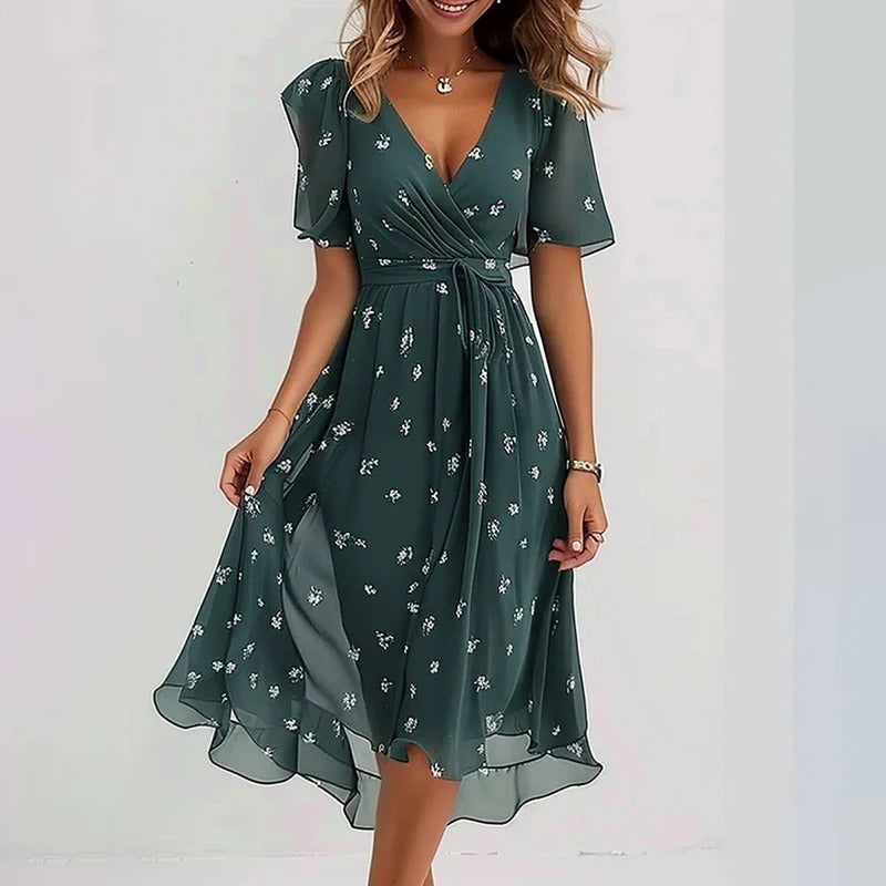 Robe florale élégante Yara de Danoir Paris avec détails raffinés, portée en situation décontractée ou habillée.