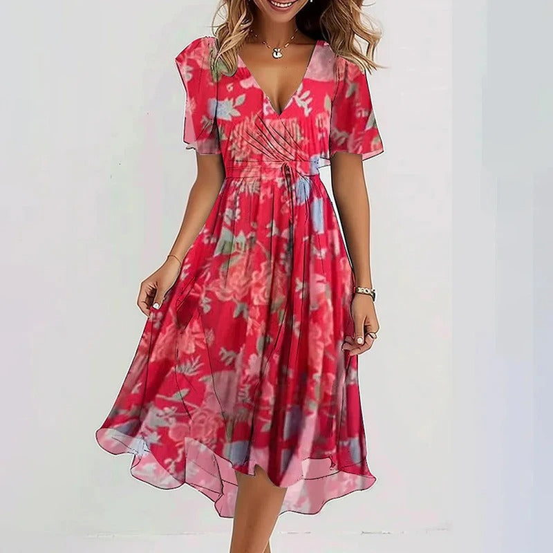 Robe florale élégante Danoir Paris, longueur mi-mollet, tissu fluide avec motifs floraux colorés, portée chic et féminine